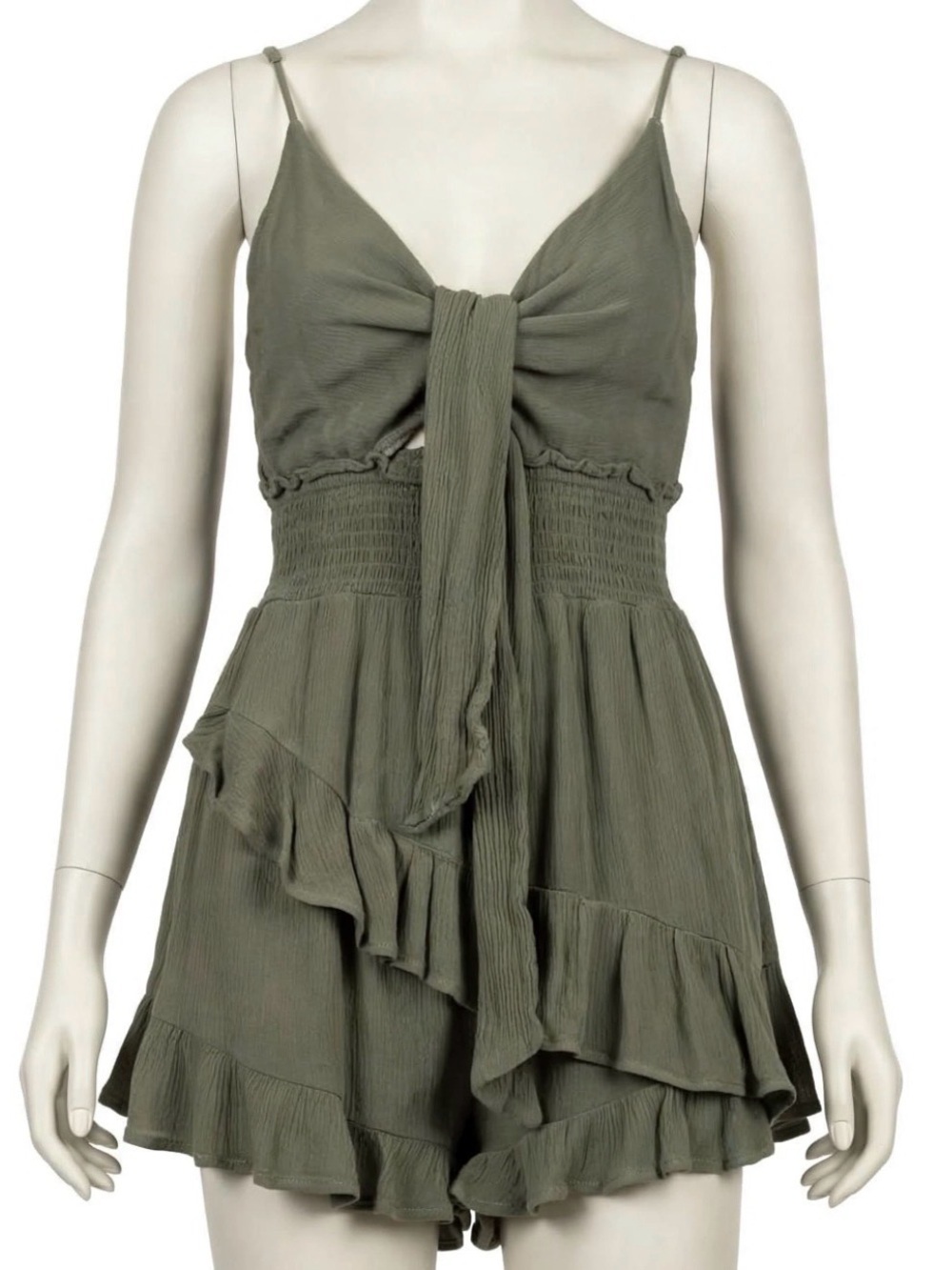 ILLA ILLA Olive Green Tie-Front Ruffle Mini Dress